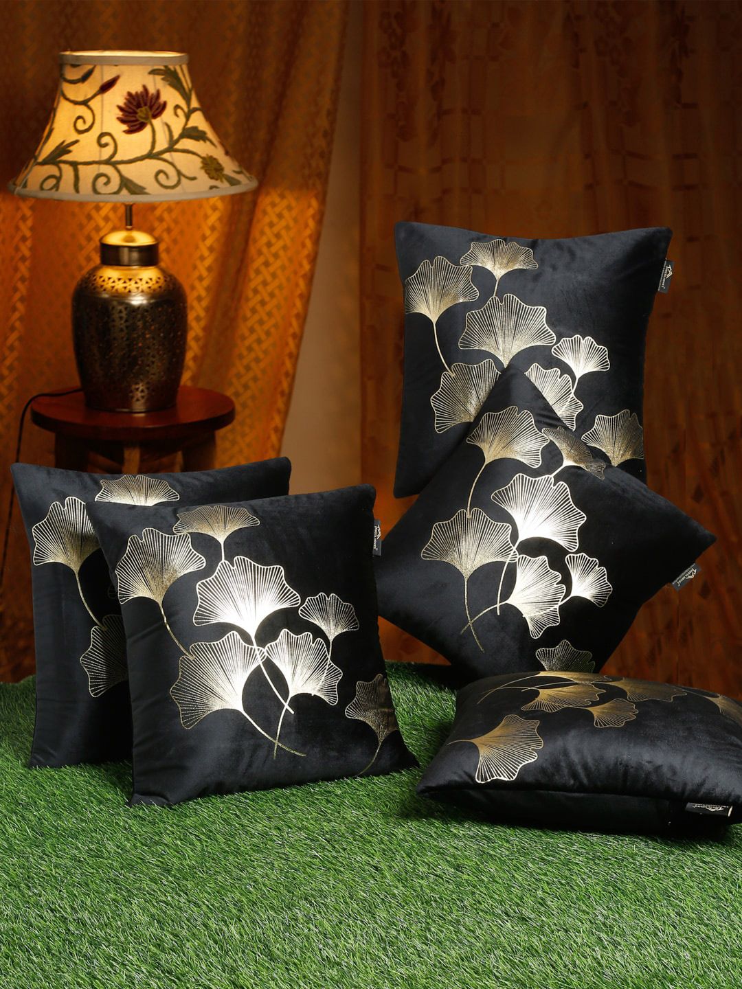 HOSTA HOMES Black & Gold Set of 5 Floral Velvet Square Cushion Covers-picture-26