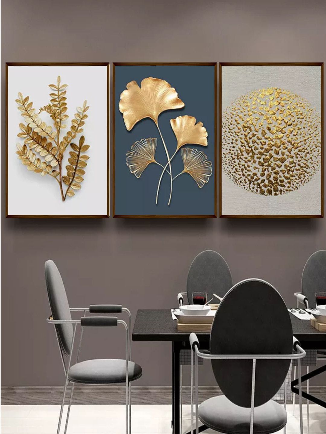 The Art House Gold-Toned & White Set Of 3 Abstract Printed Canvas Painting Wall Art-picture-49