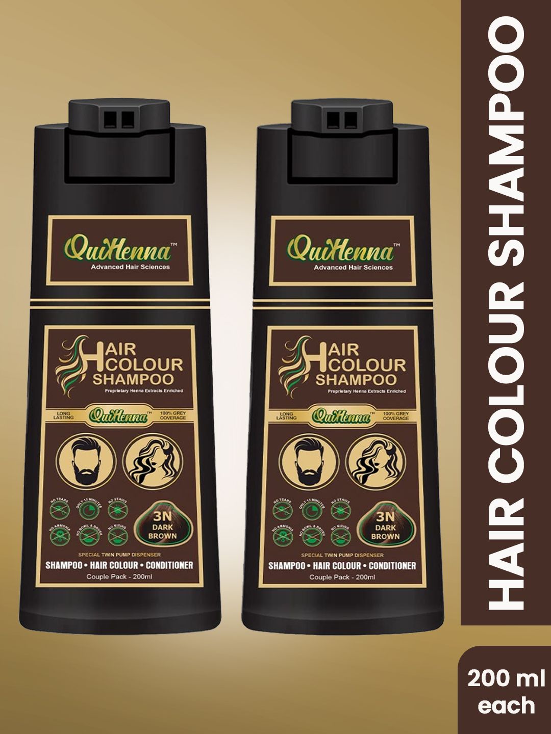 QUIKHENNA Set of 2 Grey Coverage Hair Color Shampoo 200 ml each - Dark Brown 3N-picture-30
