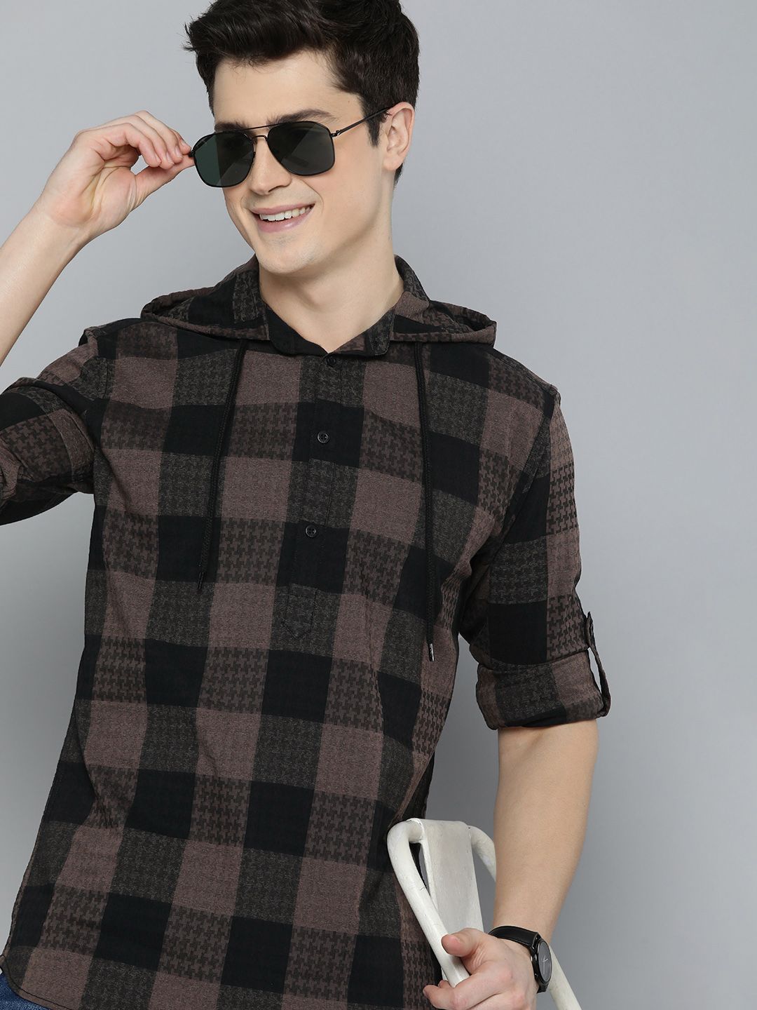 HERE&NOW Slim Fit Buffalo Checked Hooded Casual Shirt