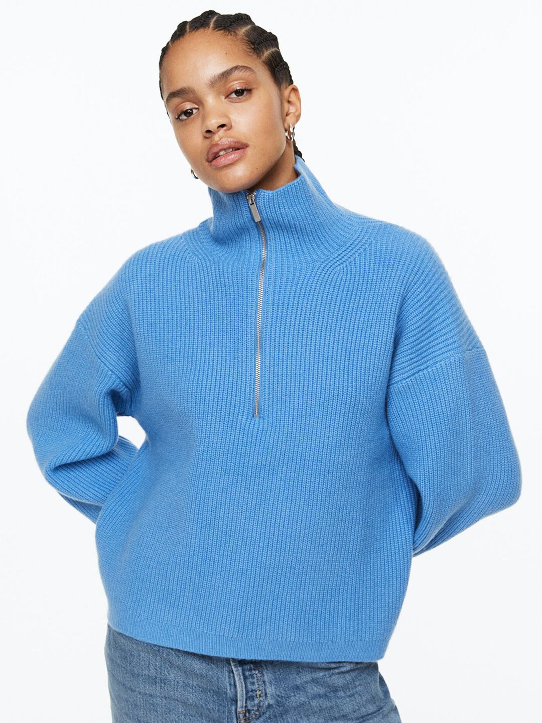 H&M Women Zip-Up Rib-Knit Jumper