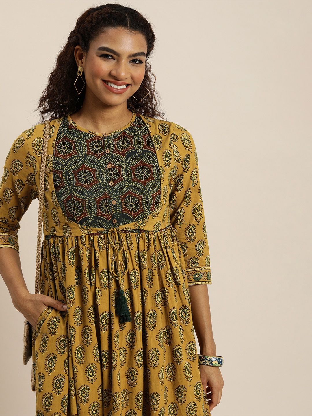 Taavi Women Ajrakh Pure Cotton Ethnic Motifs Printed Anarkali Kurta With Gathered Detail-picture-43