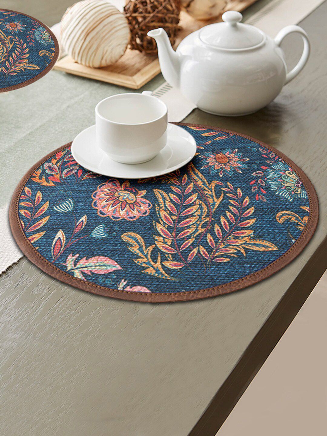 Mona B Blue & Brown Set Of 2 Printed Round Cotton Table Placemats-image-21