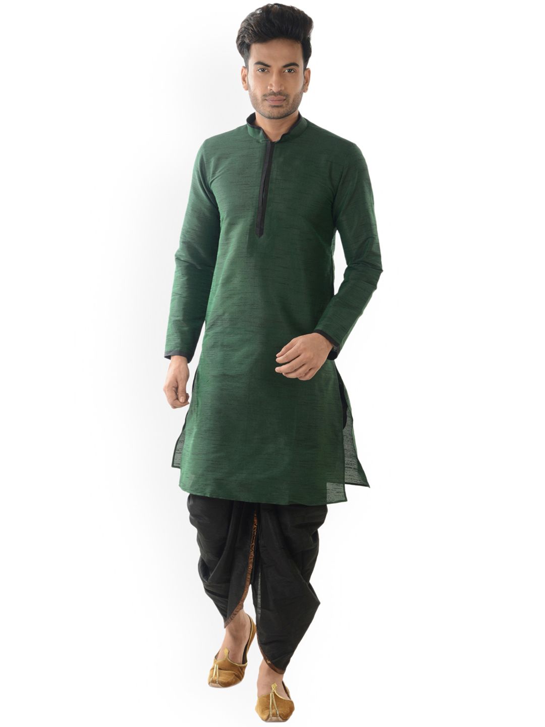 DEYANN Men Green & Black Solid Kurta with Dhoti Pants-picture-13