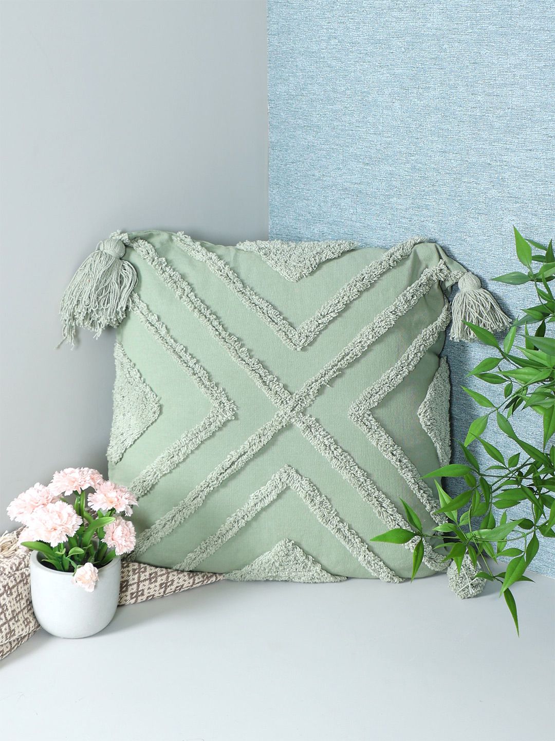 SASHAA WORLD 100% Cotton Tufted Cushion Cover with Tassels 45x45 cm-picture-37