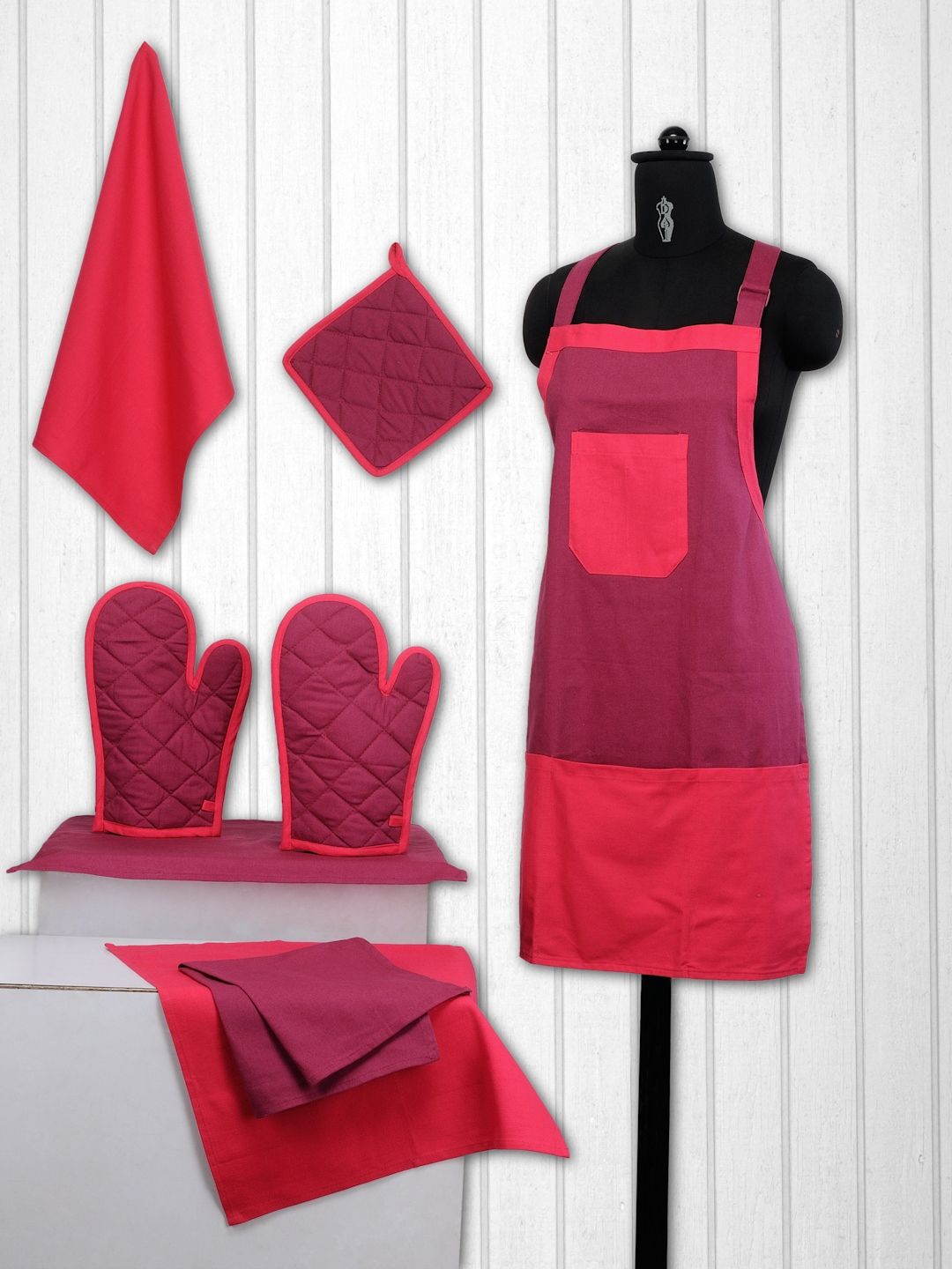 SWAYAM Unisex Pink & Magenta Colourblocked Cotton Kitchen Linen Set-picture-27