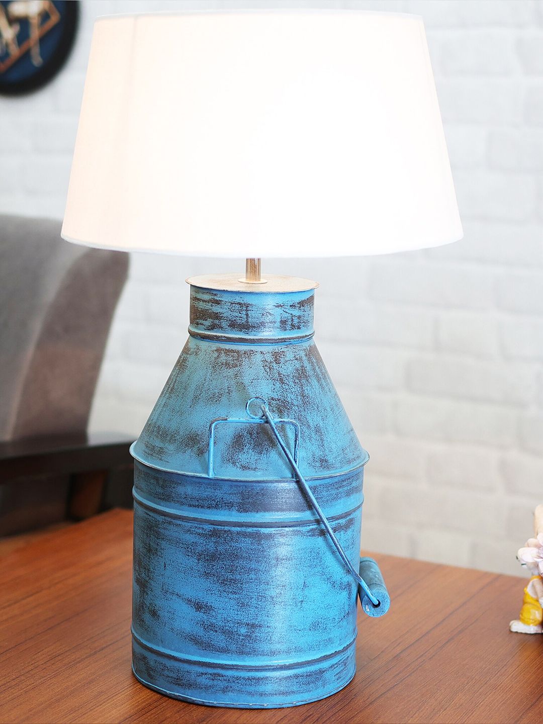 Homesake Turquoise Blue Textured Rustic Milk Churn Table Lamps With Shade-image-26