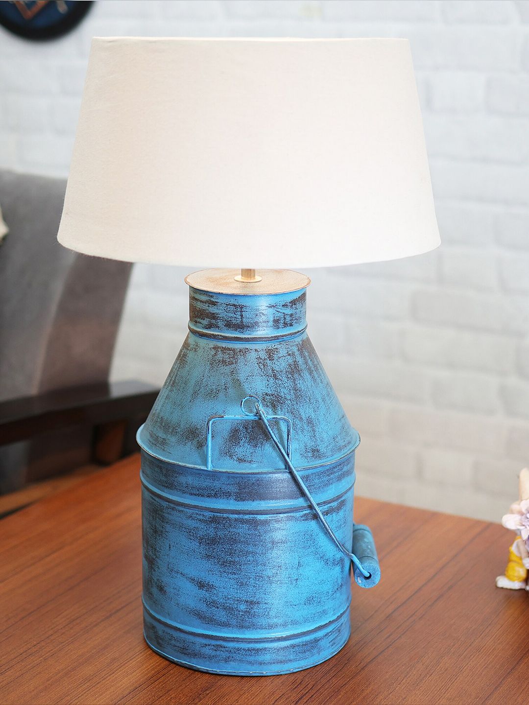 Homesake Turquoise Blue Textured Rustic Milk Churn Can Table Lamps With Shade-image-24
