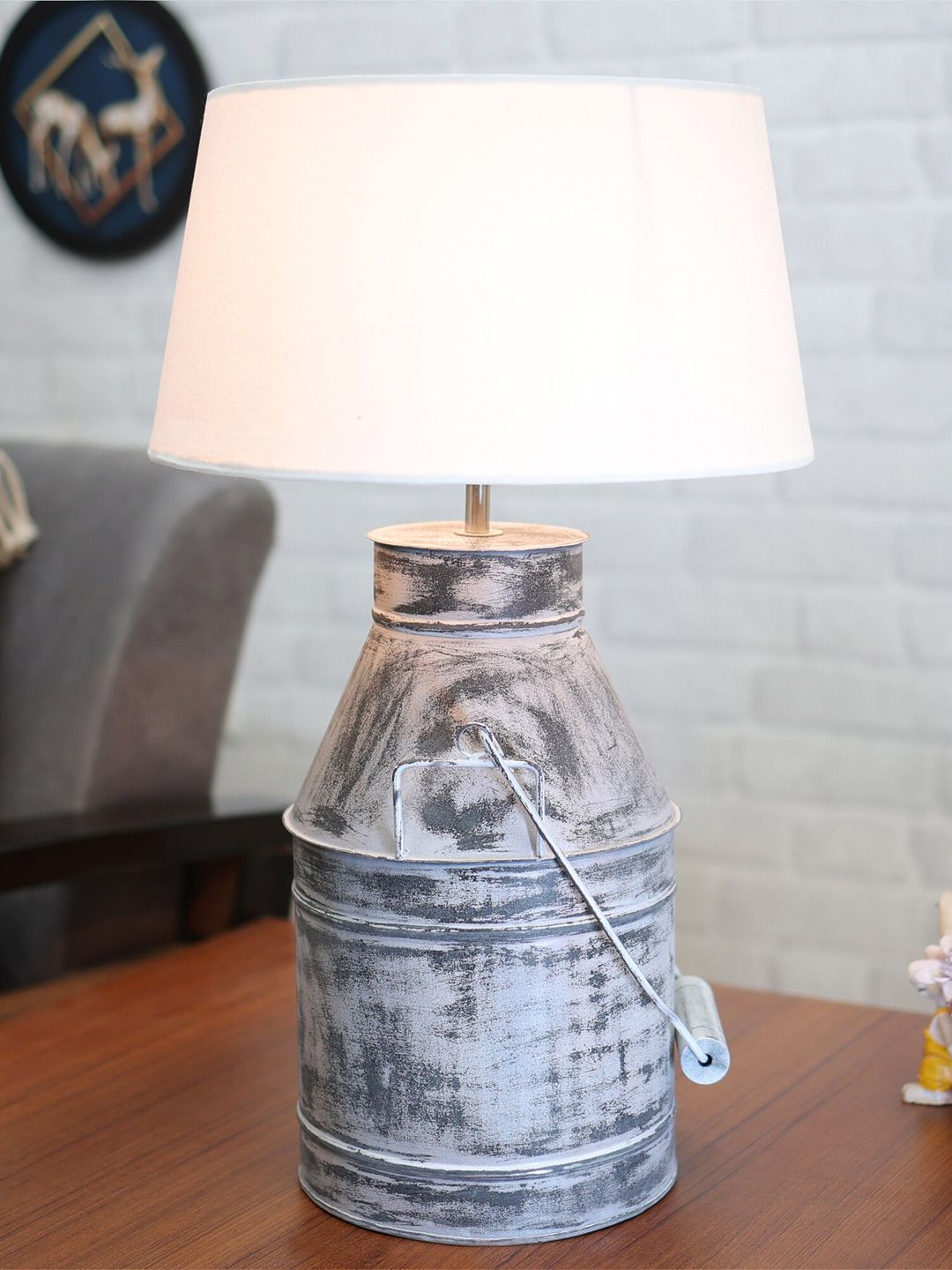 Homesake White Textured Rustic Milk Churn Can Table Lamp With Shade-image-24