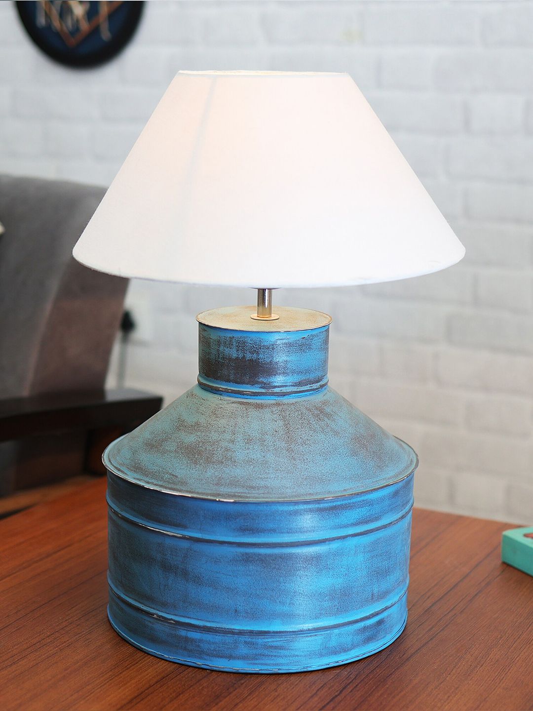 Homesake Rustic Milk Gagar Turquoise Blue Distressed Look Electric Table Lamp with Shade-image-3
