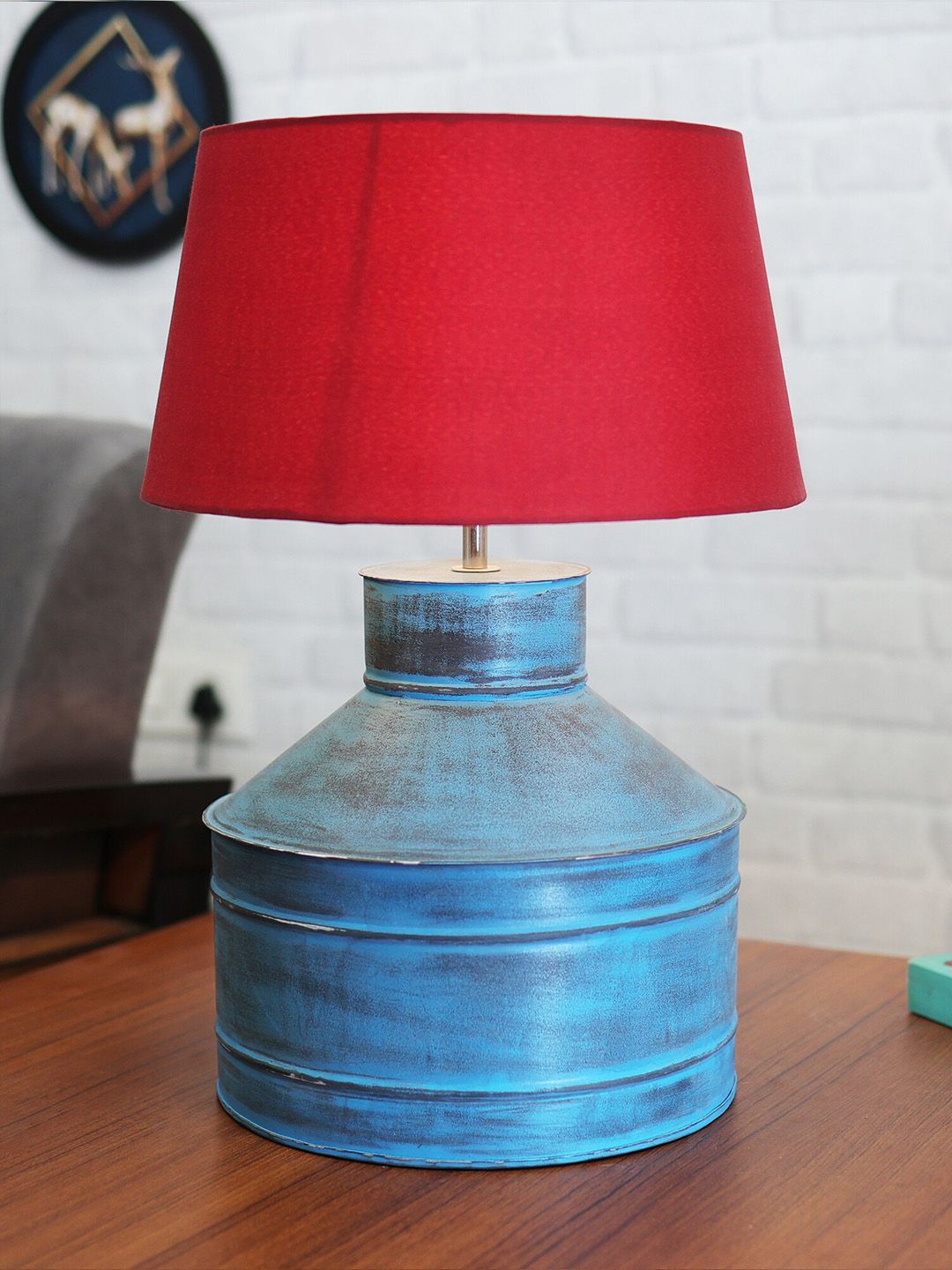 Homesake Rustic Milk Gagar Turquoise Blue & Red Electric Table Lamp With Shade-image-2