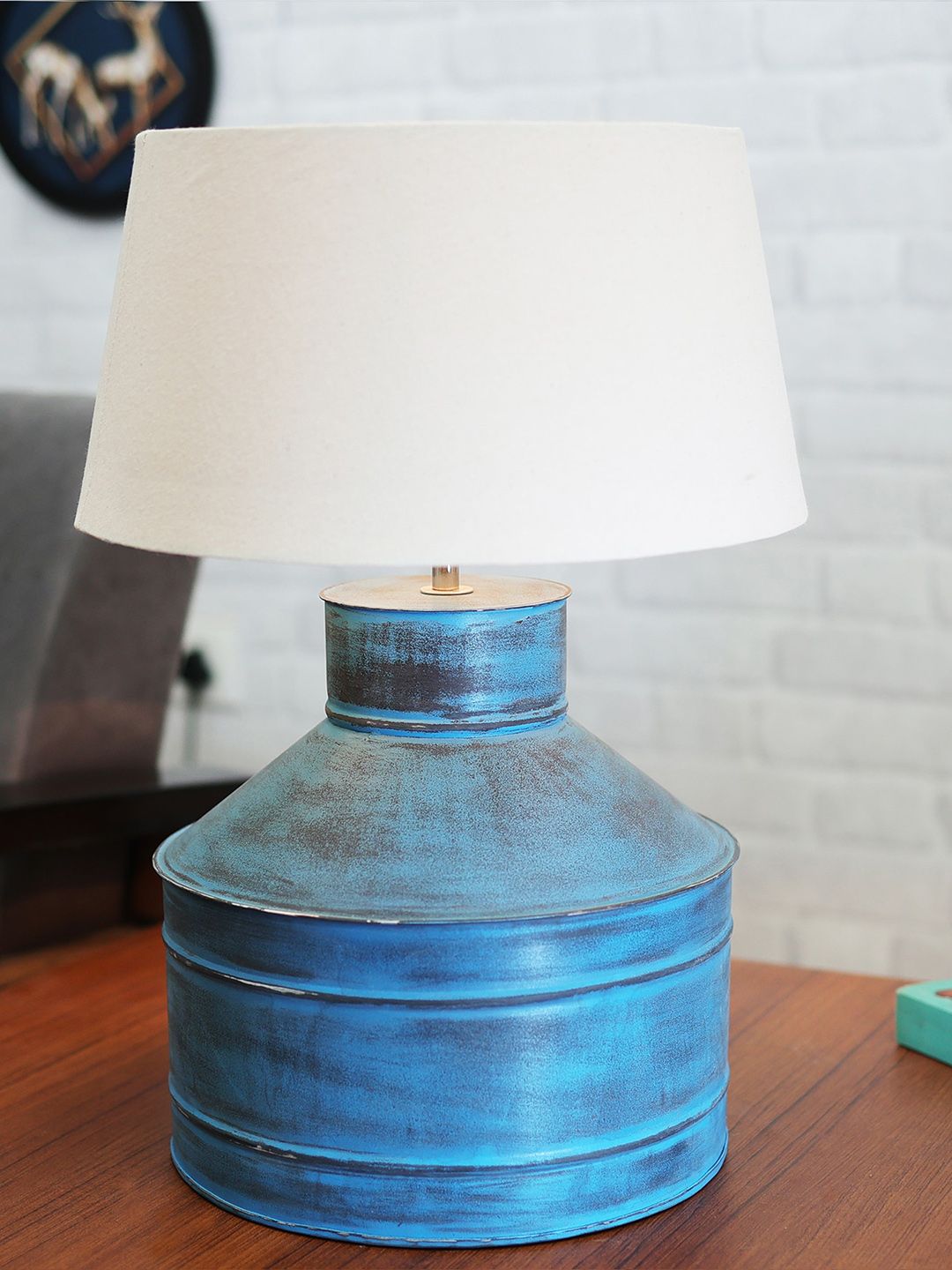 Homesake Rustic Milk Gagar Turquoise Blue Textured Electric Table Lamp With Shade-image-36