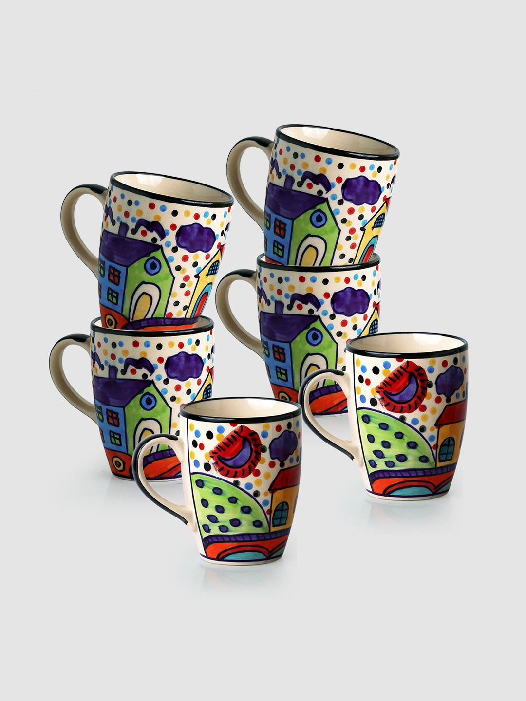 ExclusiveLane The Hut Jumbo Cuppas Beige & Red Set Of 6 Hand Painted Ceramic Glossy Cups-picture-26