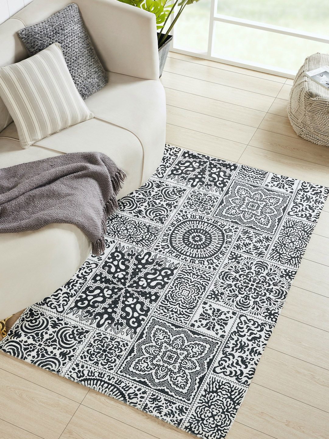Mona B White & Black Printed Vintage Cotton Dhurrie Carpet-picture-28