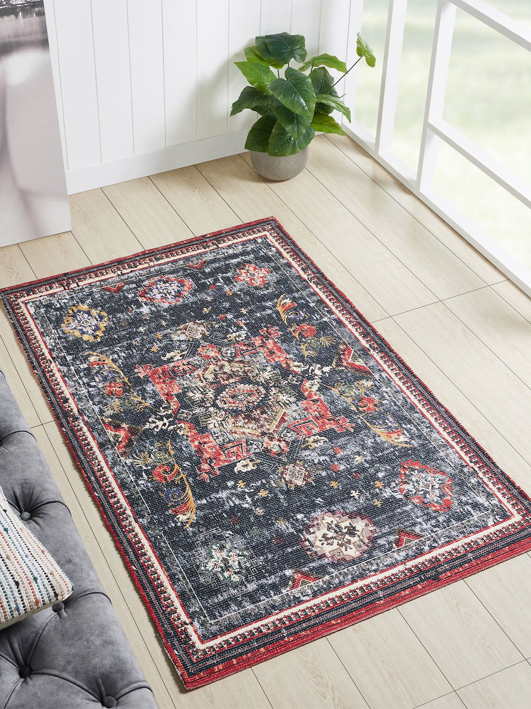 Mona B Blue & Maroon Printed Vintage Dhurrie Carpet-image-34