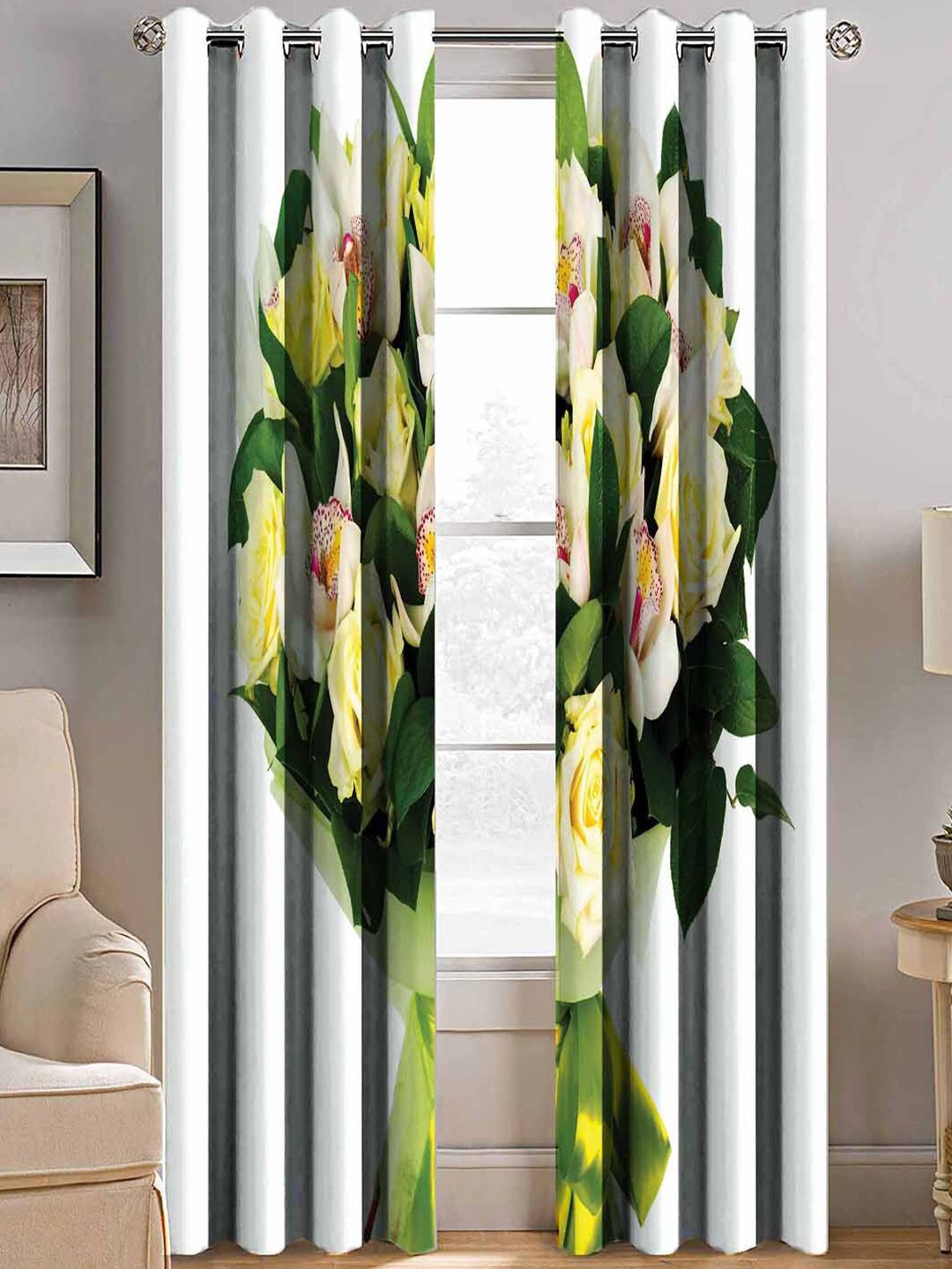 BELLA TRUE White & Yellow Set of 2 Floral Room Darkening Door Curtain-image-25