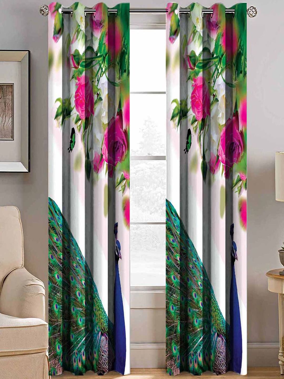 BELLA TRUE Green & Blue Set of 2 Floral Room Darkening Window Curtain-picture-35