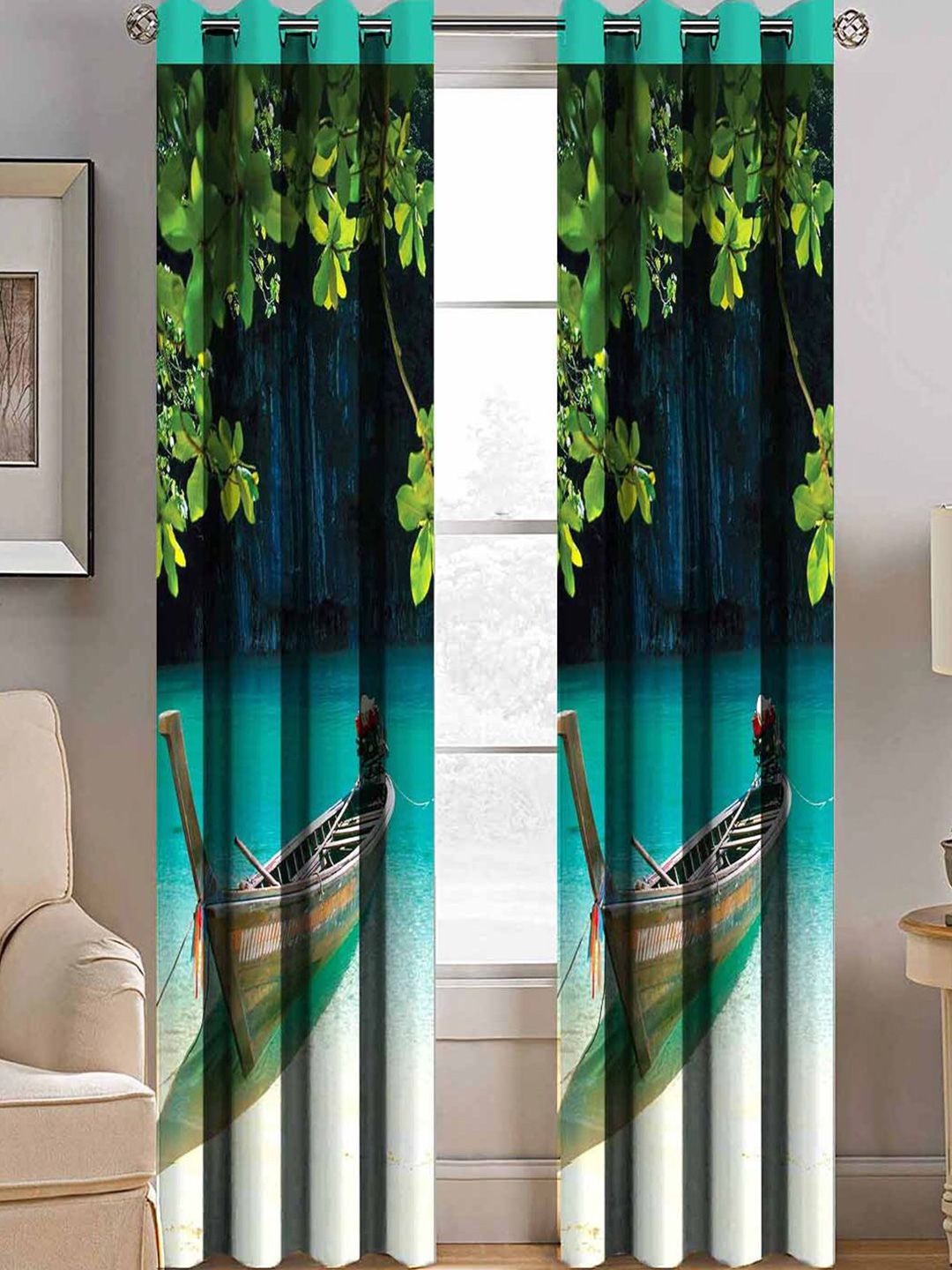 BELLA TRUE Turquoise Blue & Green Set of 2 Floral Room Darkening Door Curtain-picture-34