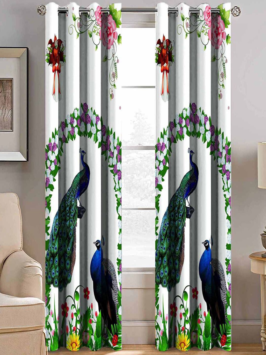 BELLA TRUE White & Blue Set of 2 Ethnic Motifs Room Darkening Window Curtain-image-26