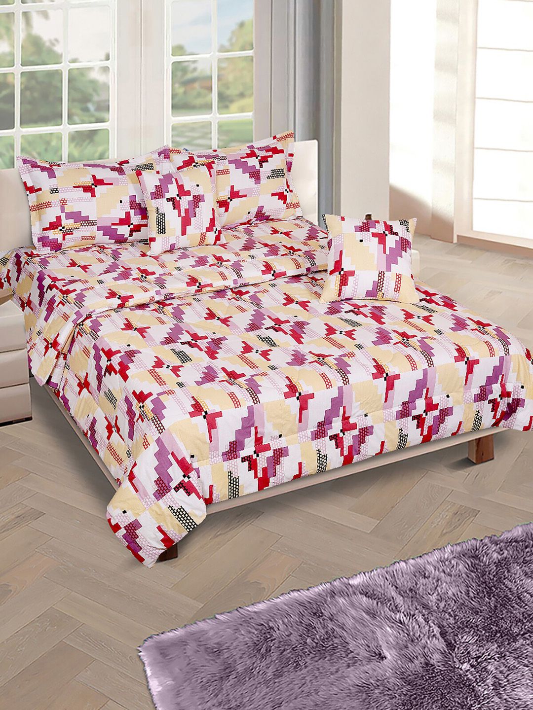 ROMEE Purple & Beige Printed Cotton Double Queen Bedding Set with Pillow Covers-image-21