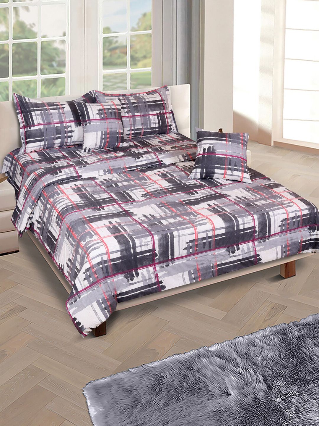ROMEE Grey & White Checked Cotton Double Queen Bedding Set With Pillow Covers-picture-24