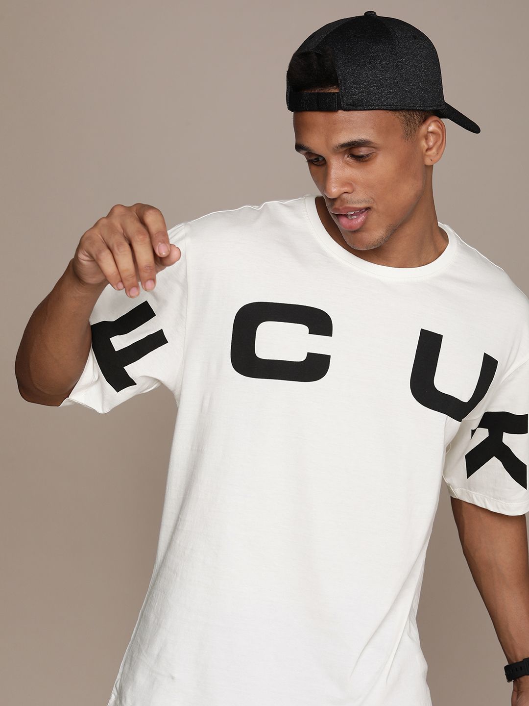 FCUK Men Brand Logo Printed Drop-Shoulder Sleeves Pure Cotton Oversized ...