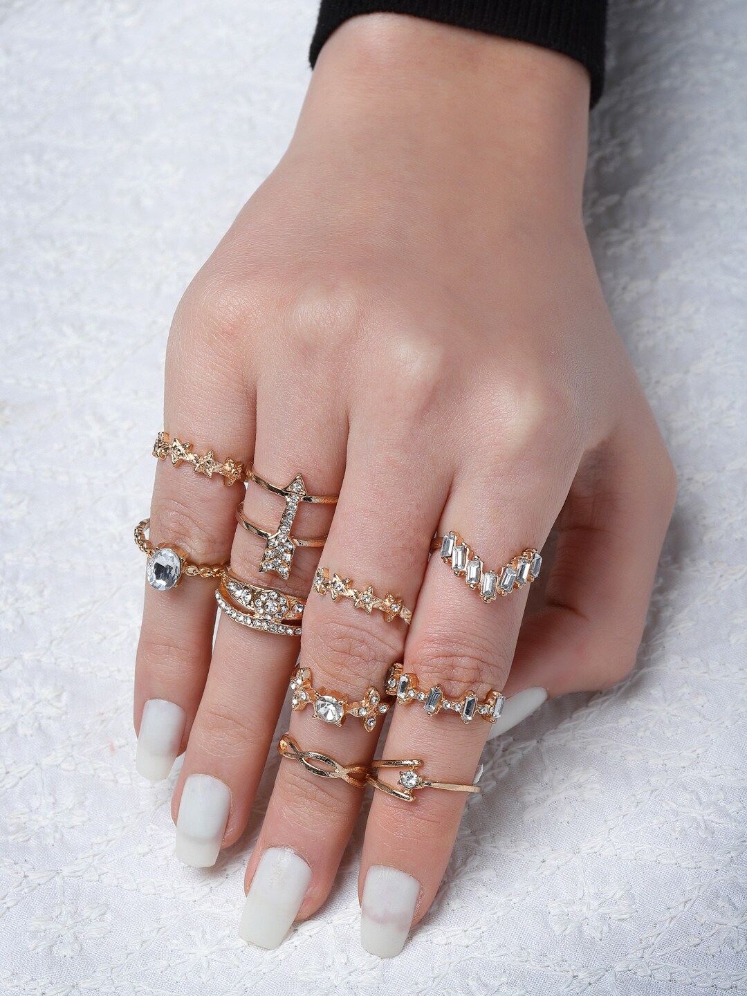 VOGUE PANASH Set Of 10 Gold-Plated AD Stones- Studded Finger Rings