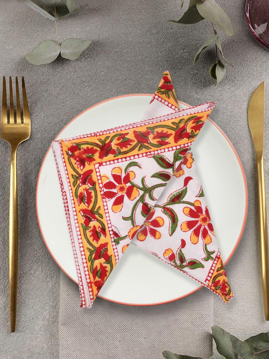 BLOCKS OF INDIA Pack Of 6 Yellow & White Printed Pure Cotton Table Napkins-picture-43