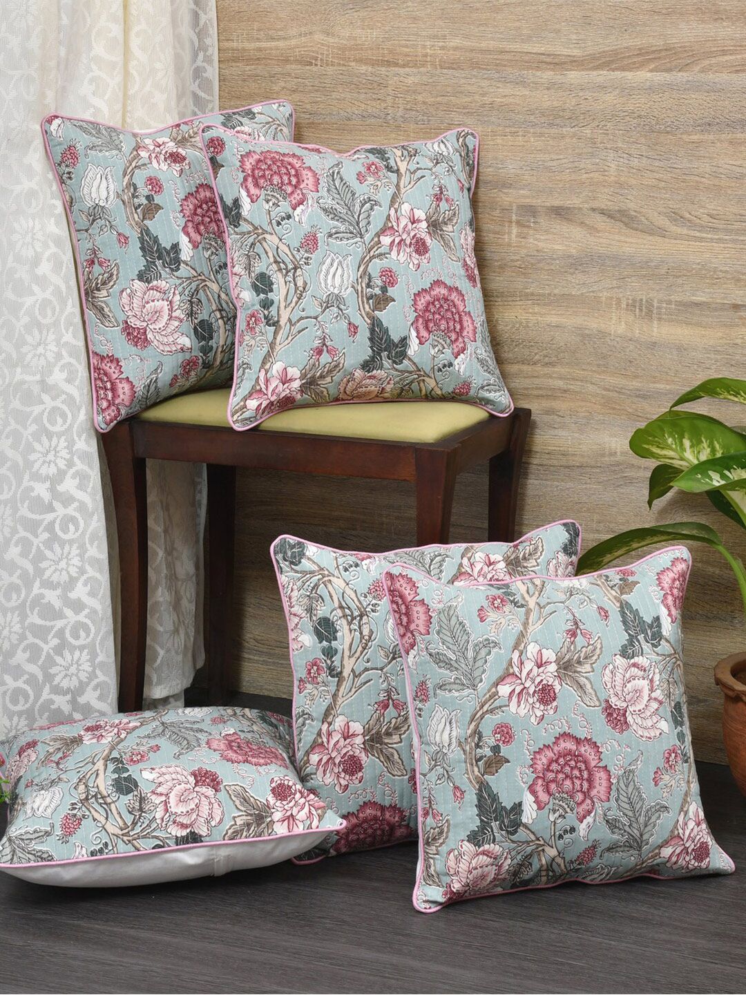 Clasiko Pink & Blue Set of 5 Floral Cotton Square Cushion Covers-picture-38