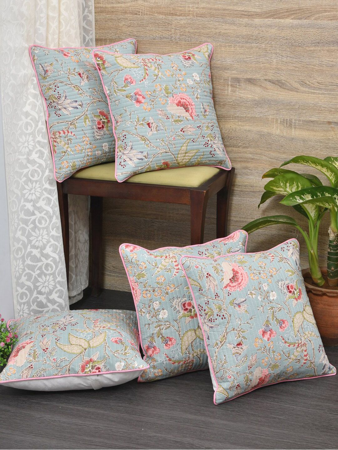 Clasiko Blue & Orange Set of 5 Floral Cotton Square Cushion Covers-image-9