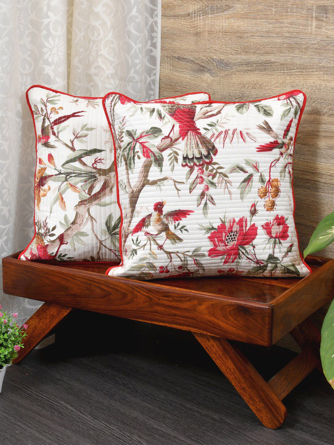 Clasiko Red & White Set of 2 Floral Cotton Square Cushion Covers-picture-34