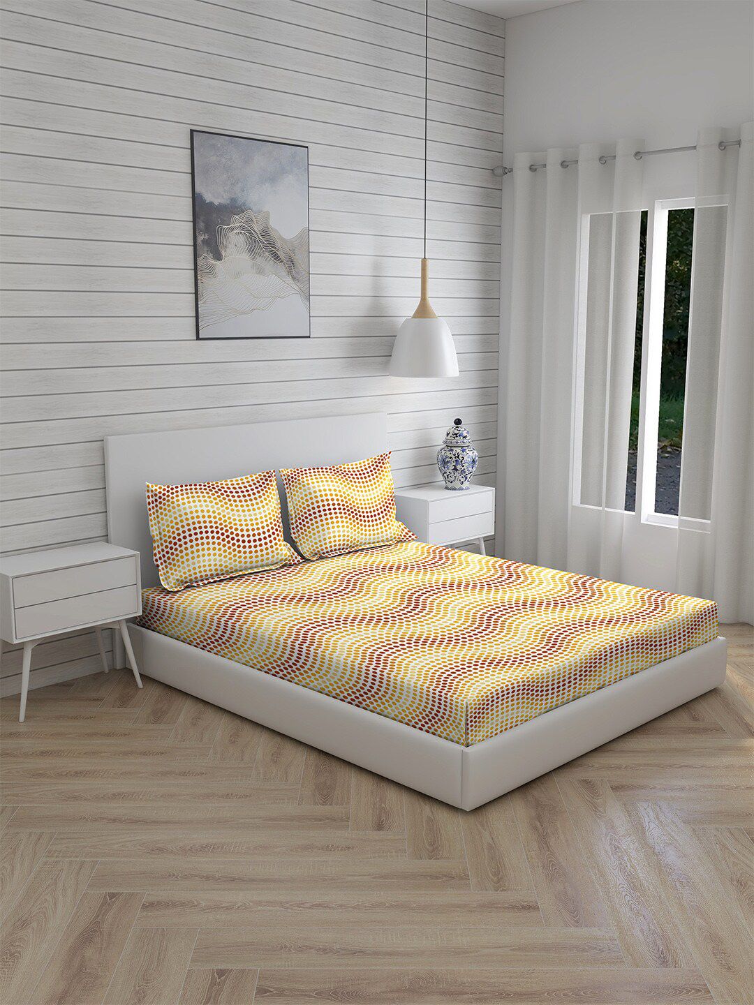Layers Firenze Brown & Yellow 140 TC Cotton Queen Bedsheet with 2 Pillow Covers-image-46
