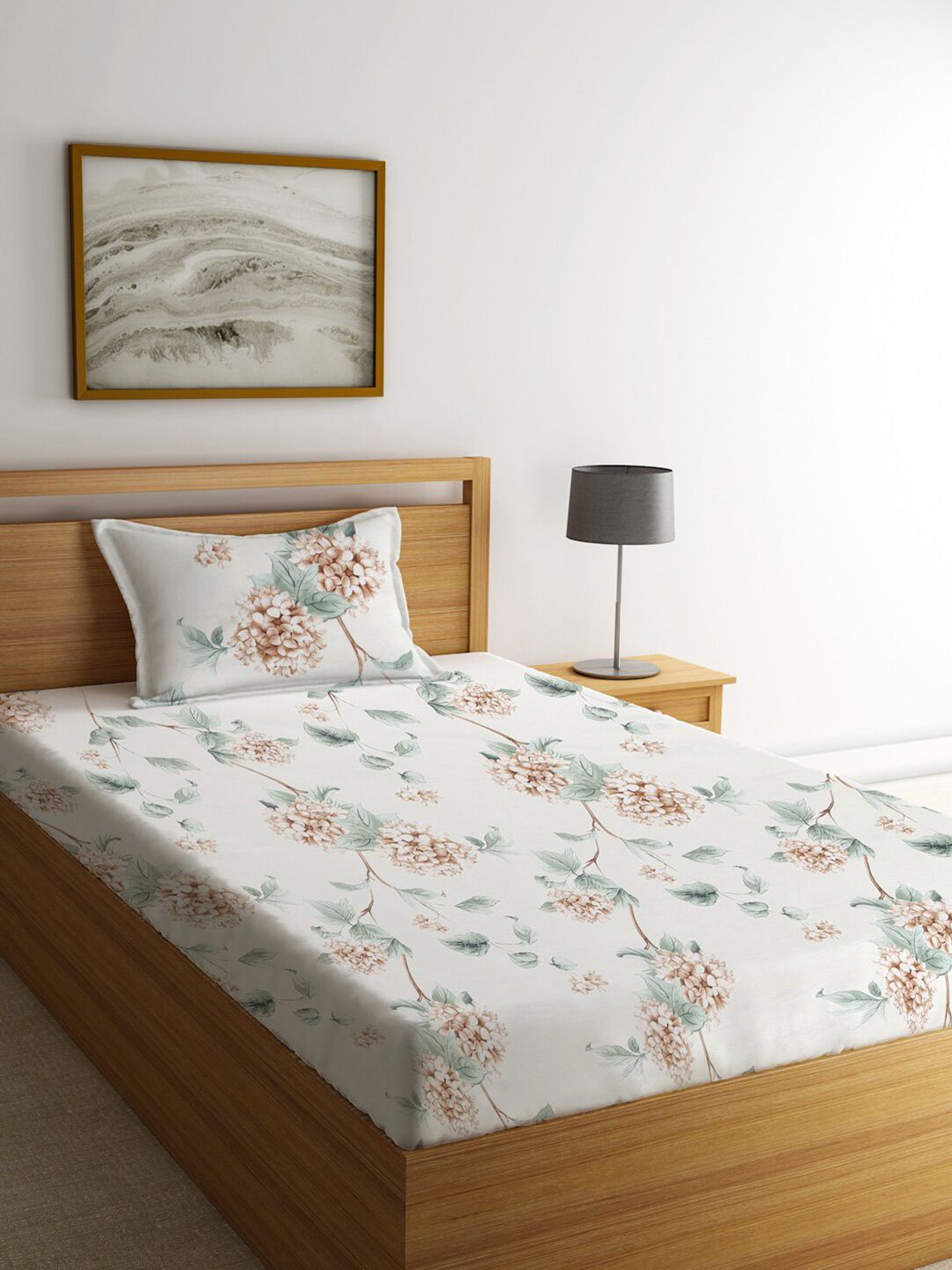 KLOTTHE White & Green Floral 300 TC Single Bedsheet with 1 Pillow Cover-picture-23