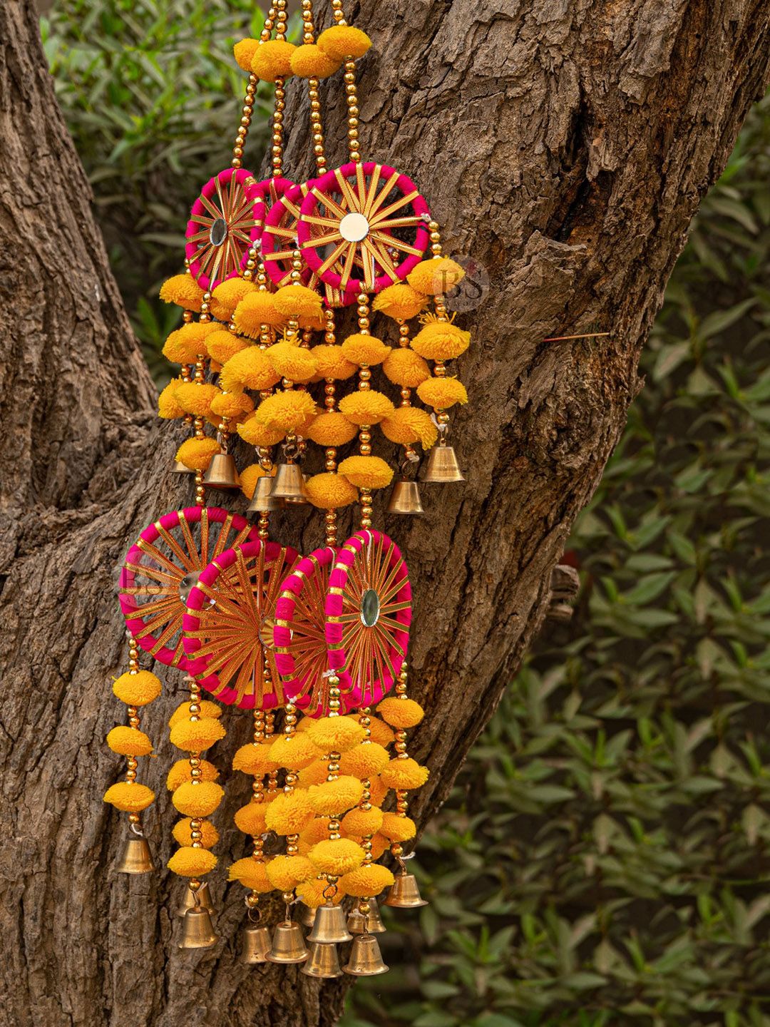BS AMOR Yellow and Pink Set Of 6 Artificial Flowers Hanging Latkan With Bells-picture-31
