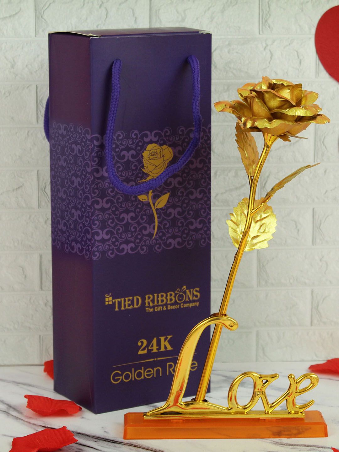 TIED RIBBONS Gold & Blue Valentine Day Rose Flower Stick & Love Stand Gift Set-image-35