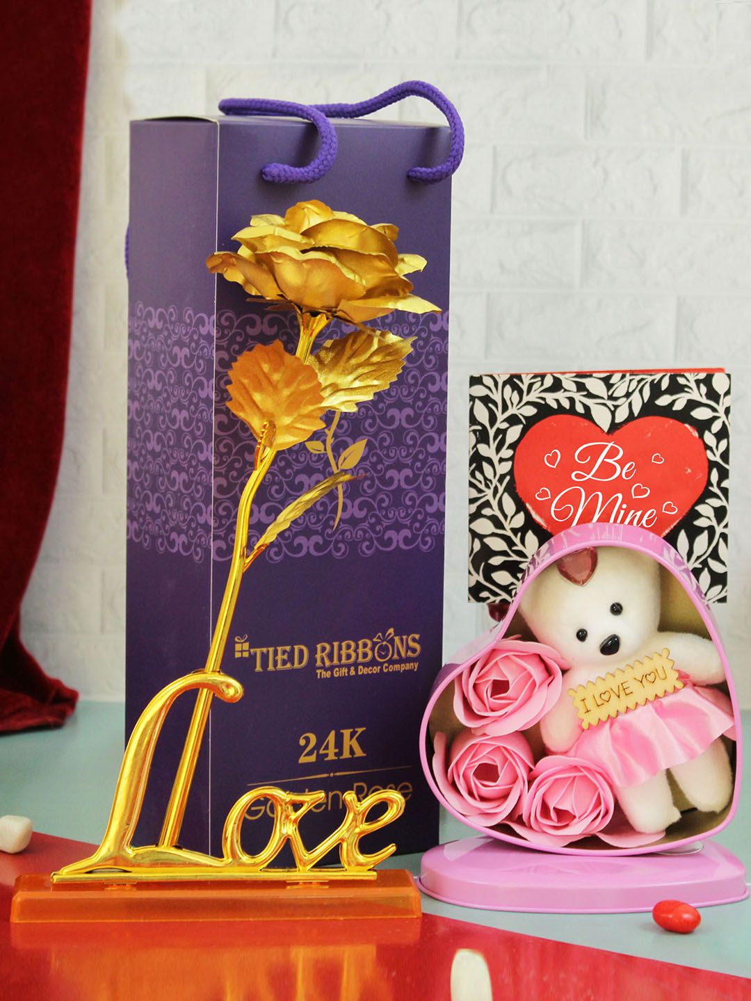 TIED RIBBONS Valentine Special Artificial Golden Rose with Stand Gift Box & Card-picture-35