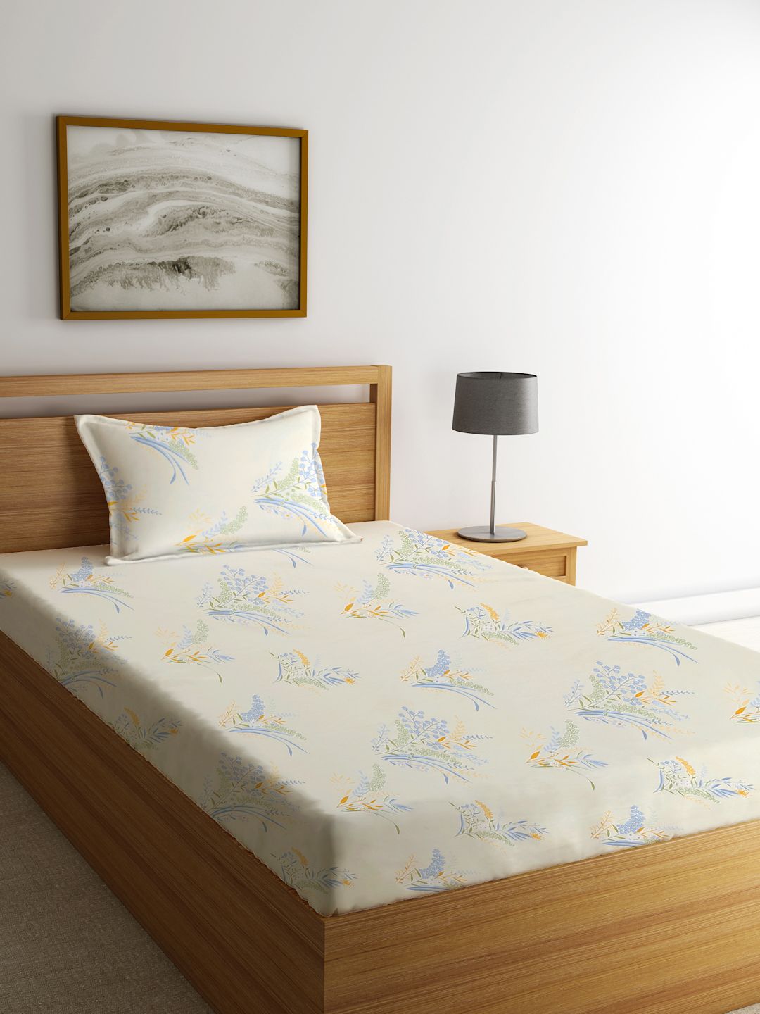 KLOTTHE Off White & Blue Floral Printed 300 TC Fitted Single Bedsheet with Pillow Cover-image-43