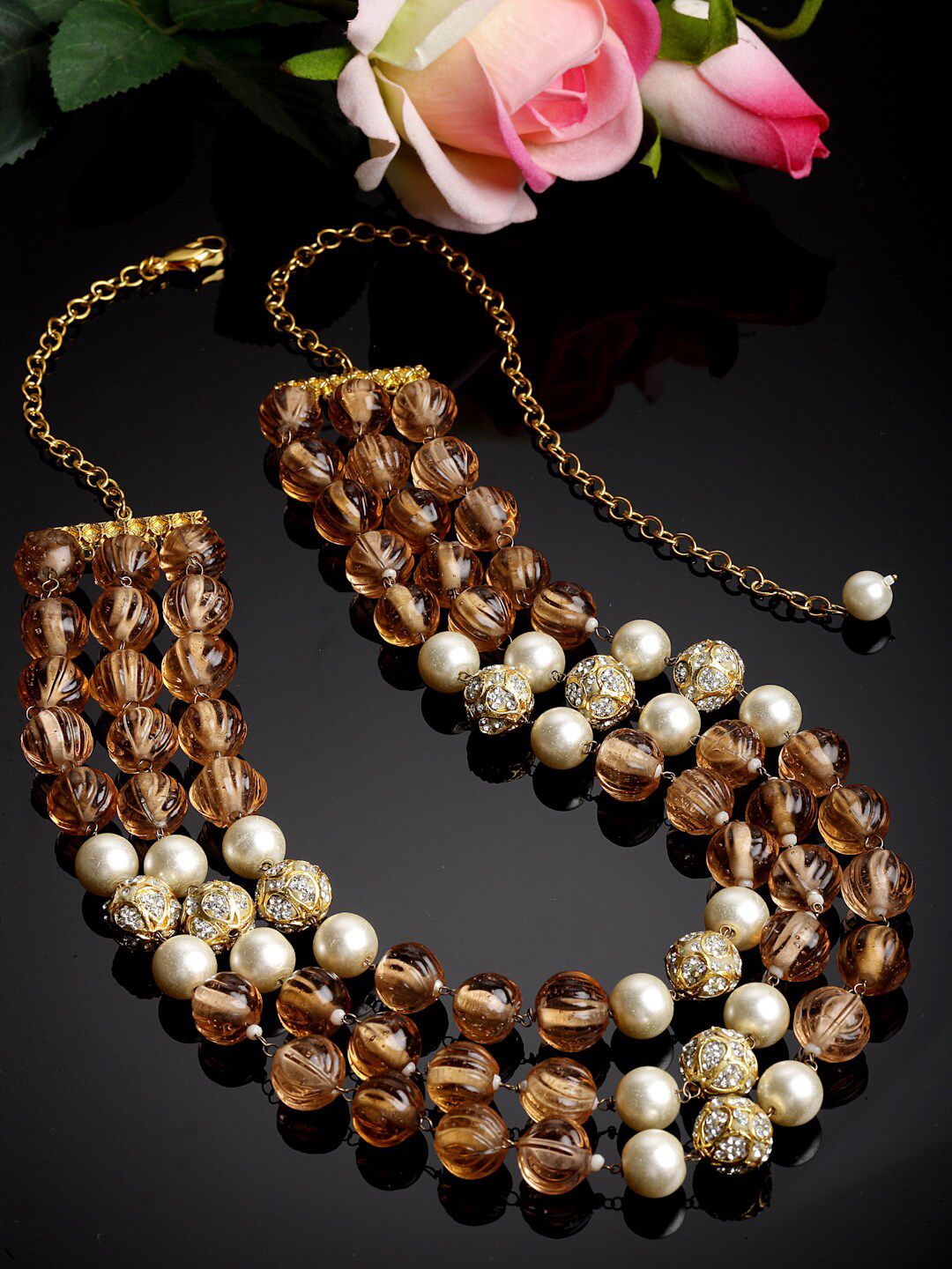 DUGRISTYLE Gold-Plated Layered Necklace With Crystal & Pearls-picture-10