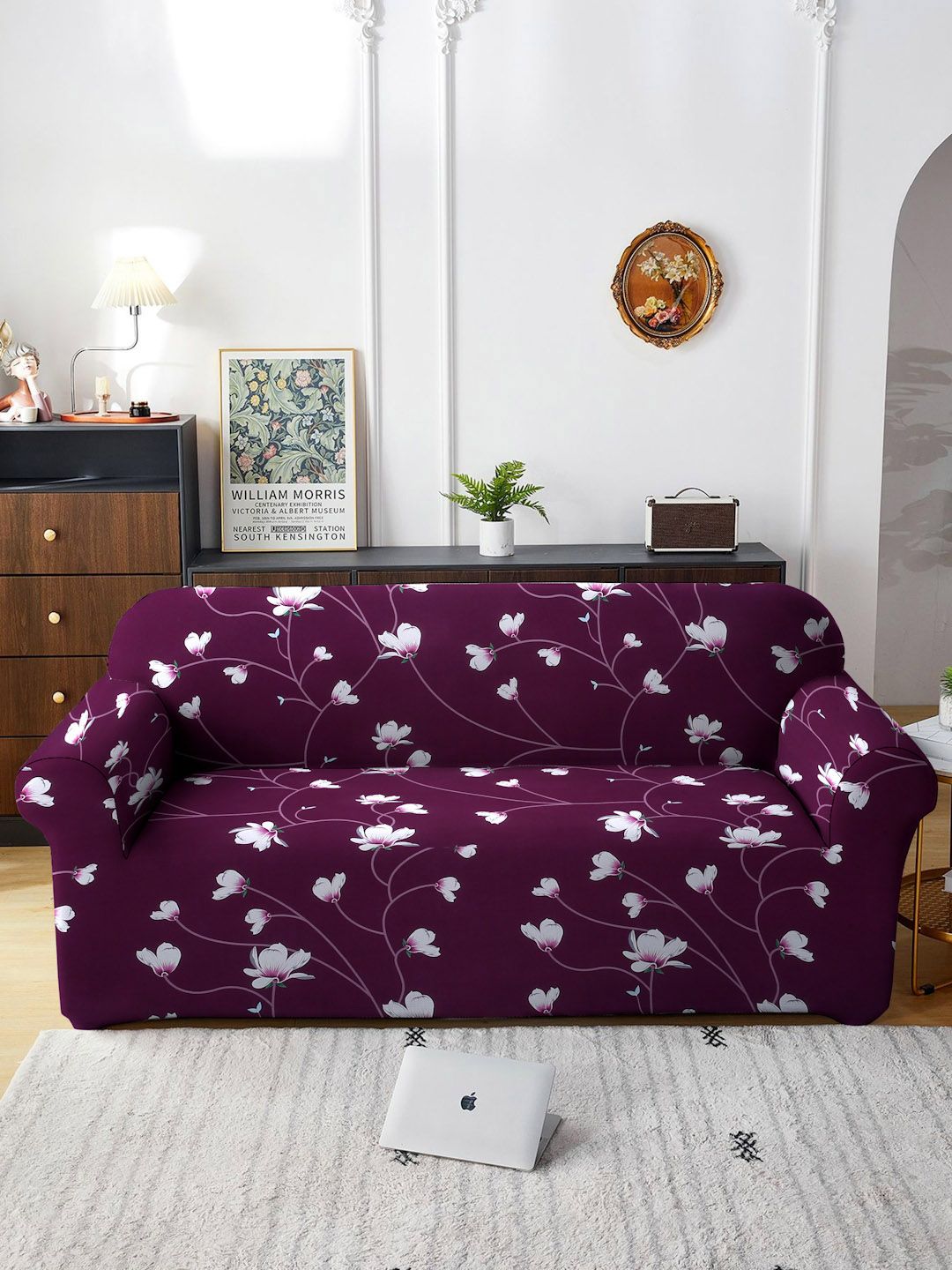Cortina  Purple & White Floral Printed 3-Seater Sofa Cover-image-0