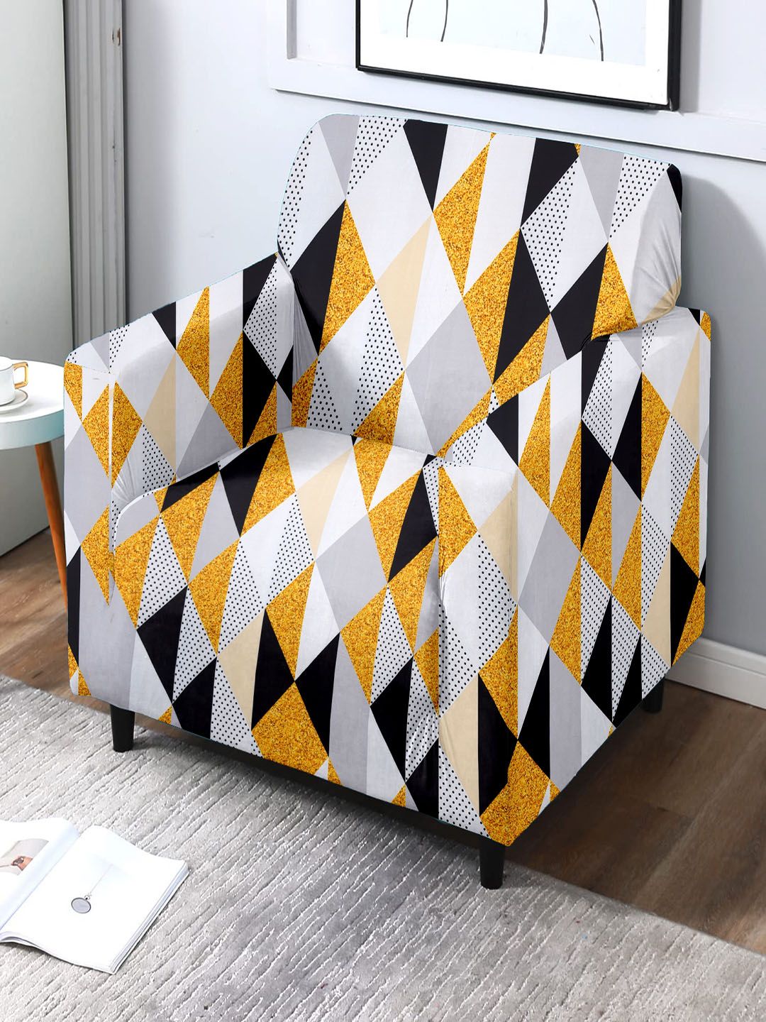 Cortina White & Yellow Geometric Printed 1 Seater Sofa Cover-image-4