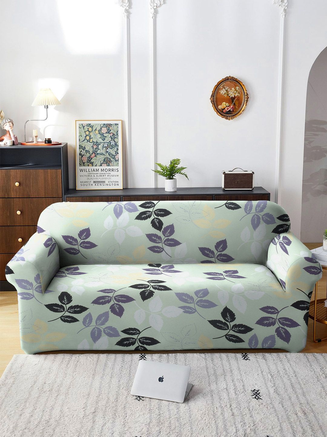 Cortina Olive Green & Black Nature Printed 3- Seater Sofa Cover-image-12