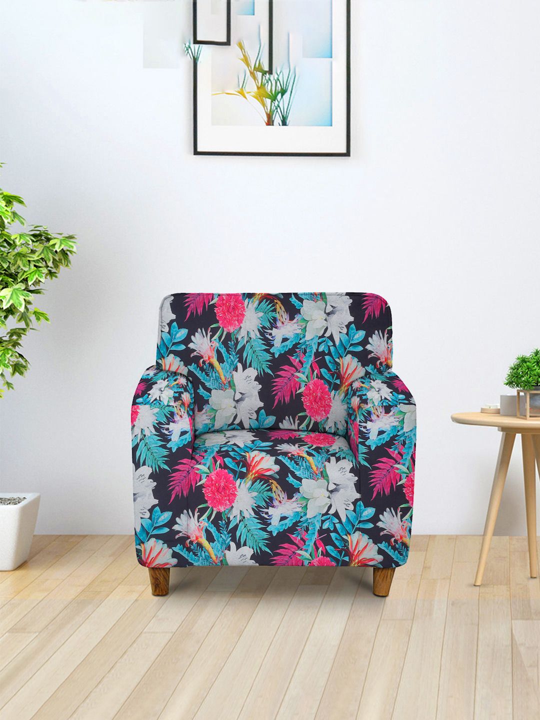 Cortina Turquoise Blue & Pink Floral Printed 1-Seater Sofa Cover-image-31