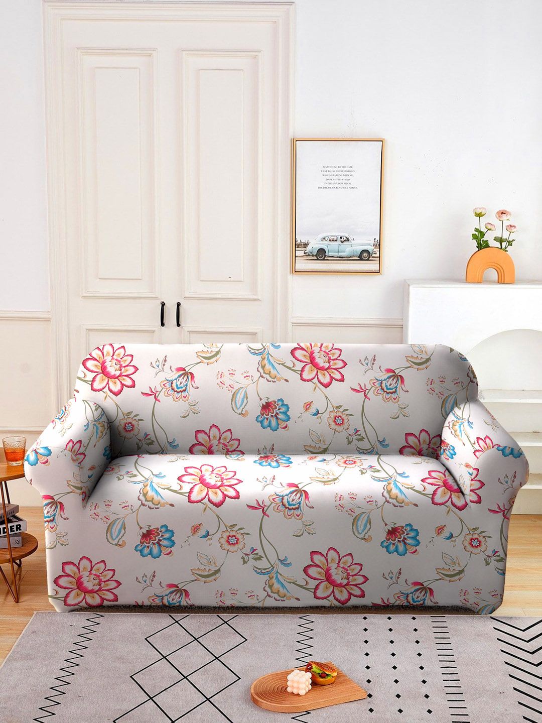 Cortina Beige & Pink Floral Printed Double Seater Sofa Cover-image-12