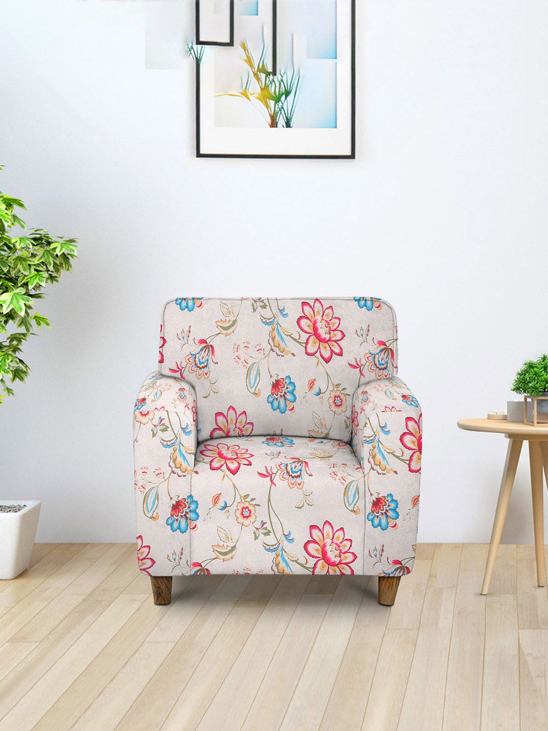 Cortina Beige & Pink Printed Single Seater Sofa Cover-image-17