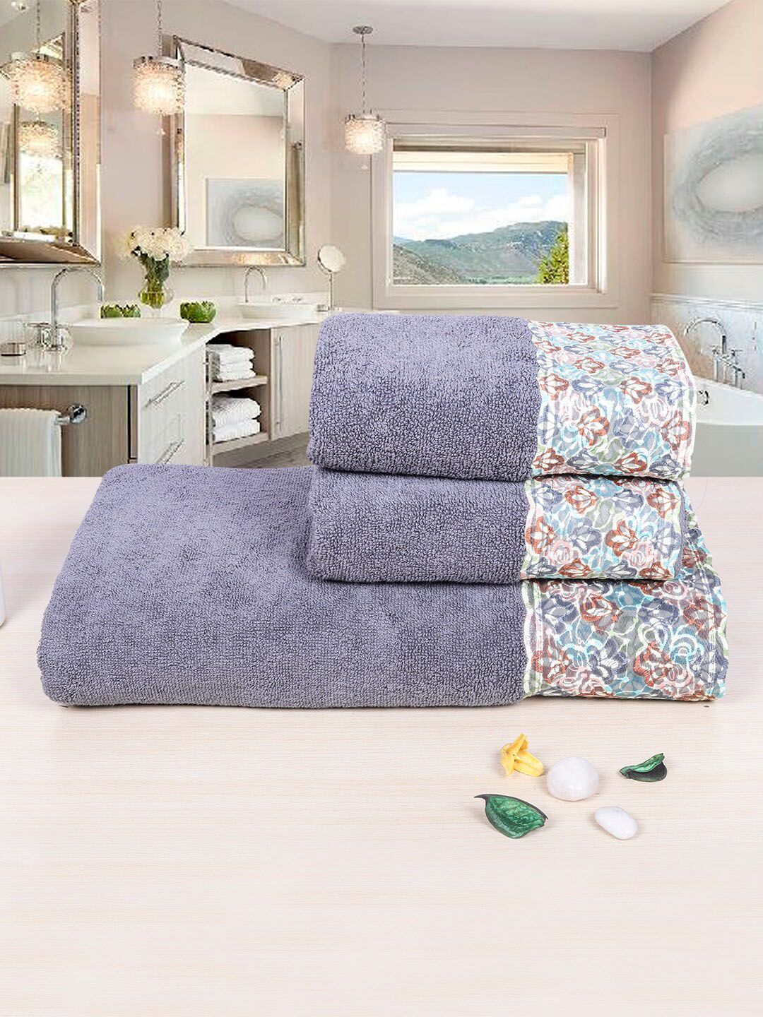 RANGOLI Set Of 3 Grey 550 GSM Pure Cotton Lace Towel Set-picture-35