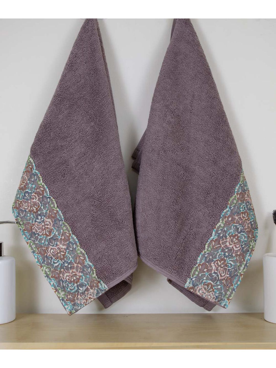RANGOLI Sun Shine Charcoal Pack of 2 Solid 550 GSM 100% Cotton Hand Towels With Lace-picture-23