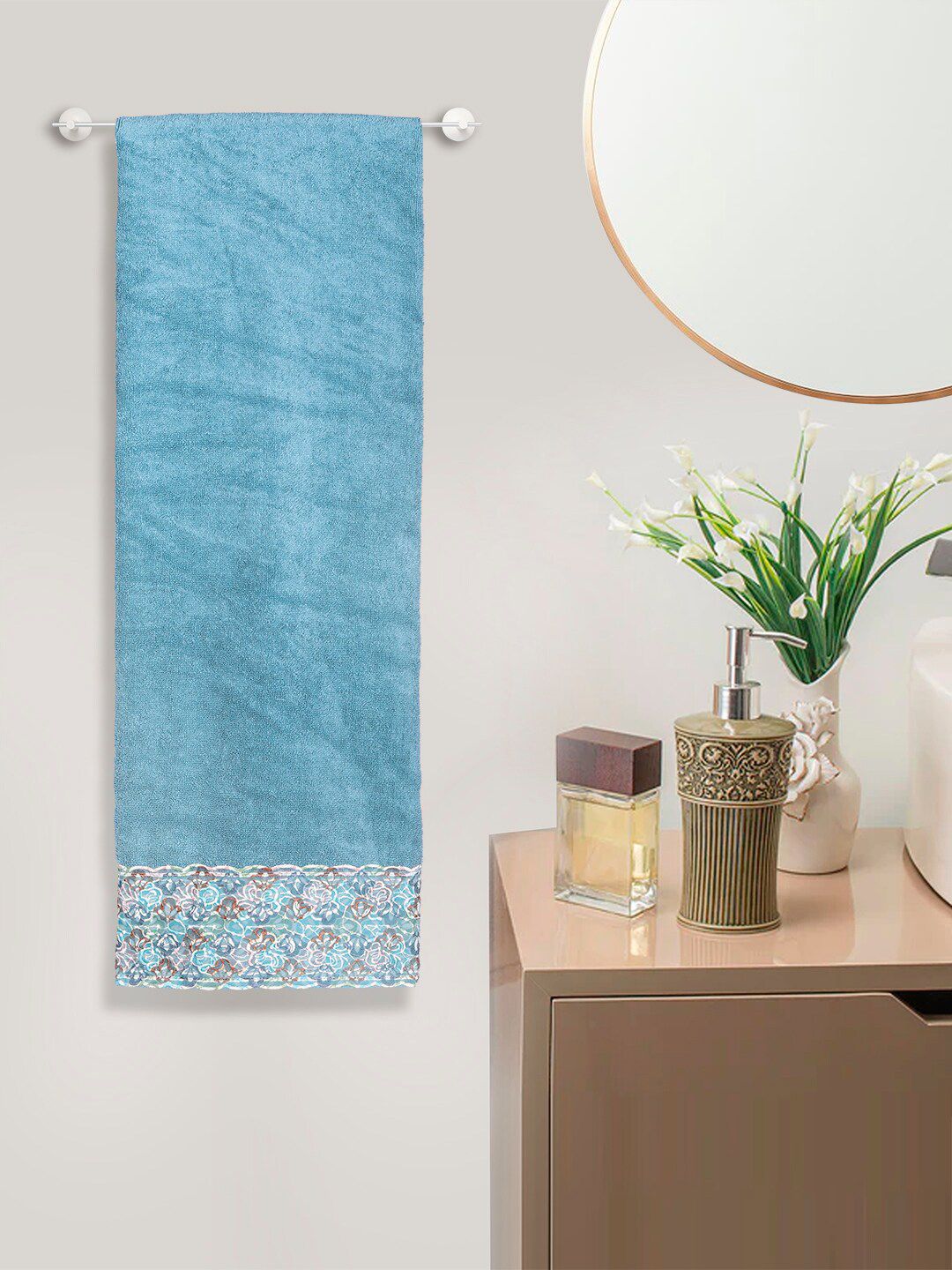 RANGOLI Set Of 3 Blue 500 GSM Pure Cotton Lace Towel Set-image-14