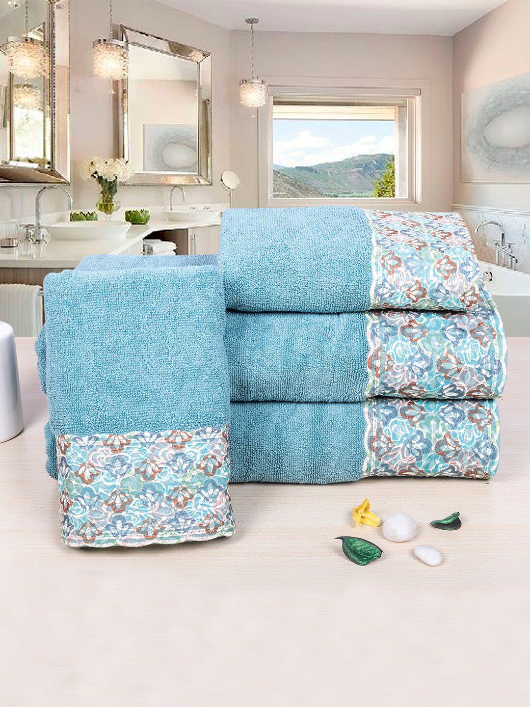 RANGOLI Set of 4 Blue Pure Cotton with Lace Towels-picture-42