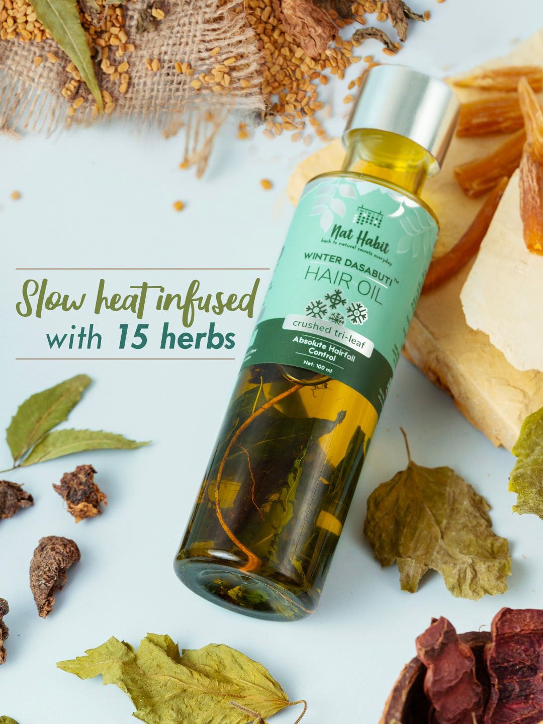 Nat Habit Crushed Tri-Leaf Winter Dasabuti Hair Oil For Absolute Hairfall Control - 100ml-image-2