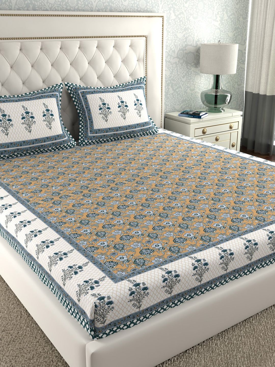 LA VERNE Green & White Floral 140 TC Cotton King Bedsheet with 2 Pillow Covers-image-35